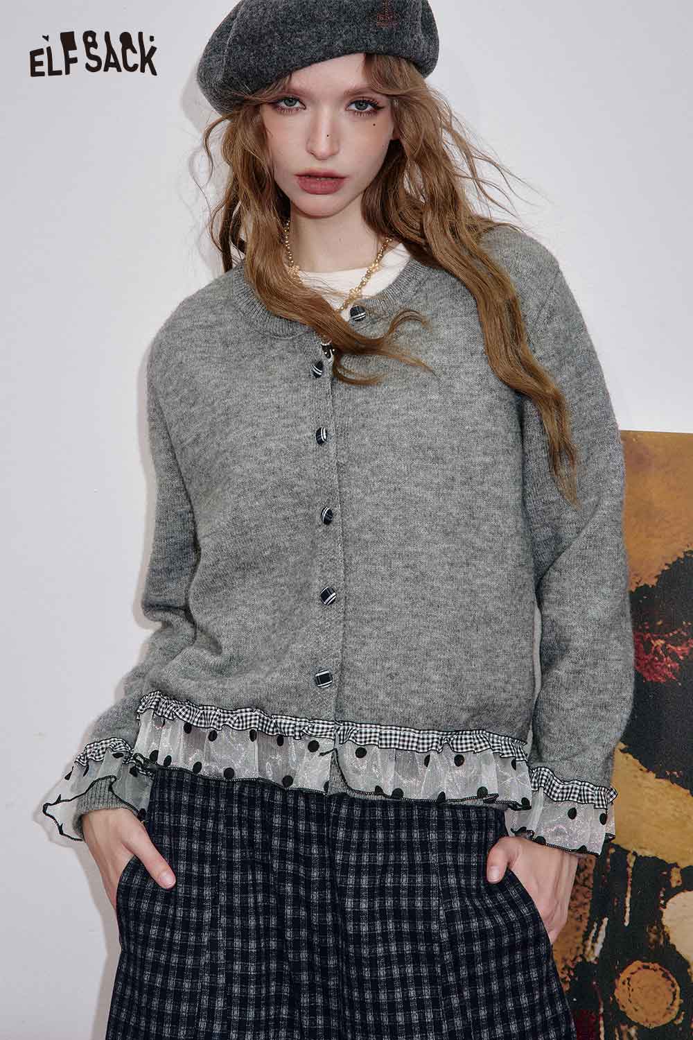 ELFSACK cashmere blend cropped cardigan in gray with ruffle hem and button-up design.