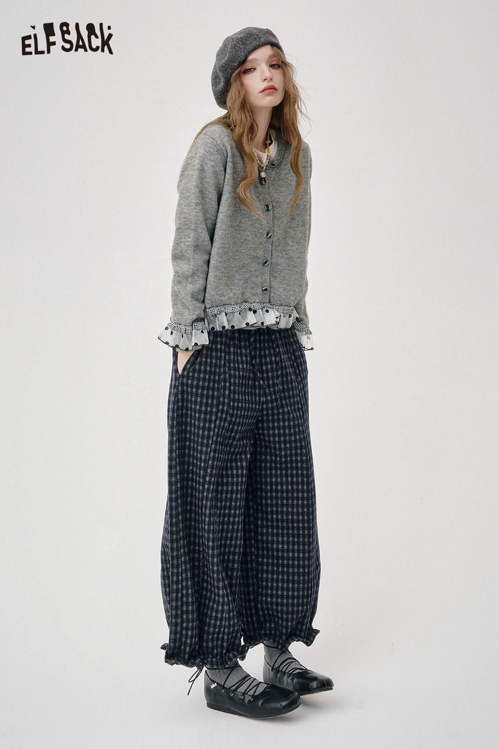 ELFSACK cashmere blend cropped cardigan in grey with ruffle hem, styled for a cozy outfit
