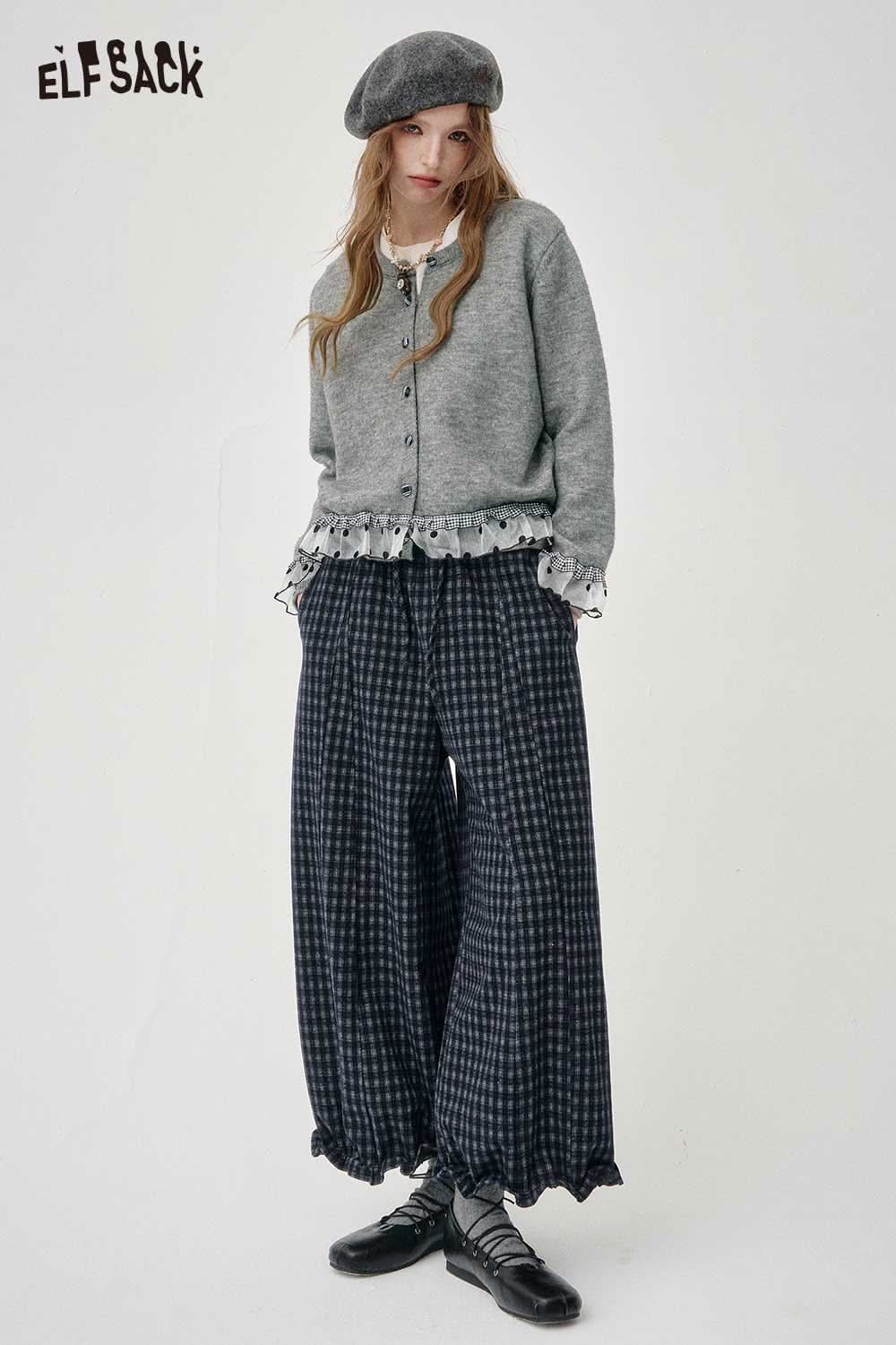 ELFSACK cashmere blend cropped cardigan paired with stylish wide-leg pants for a chic look