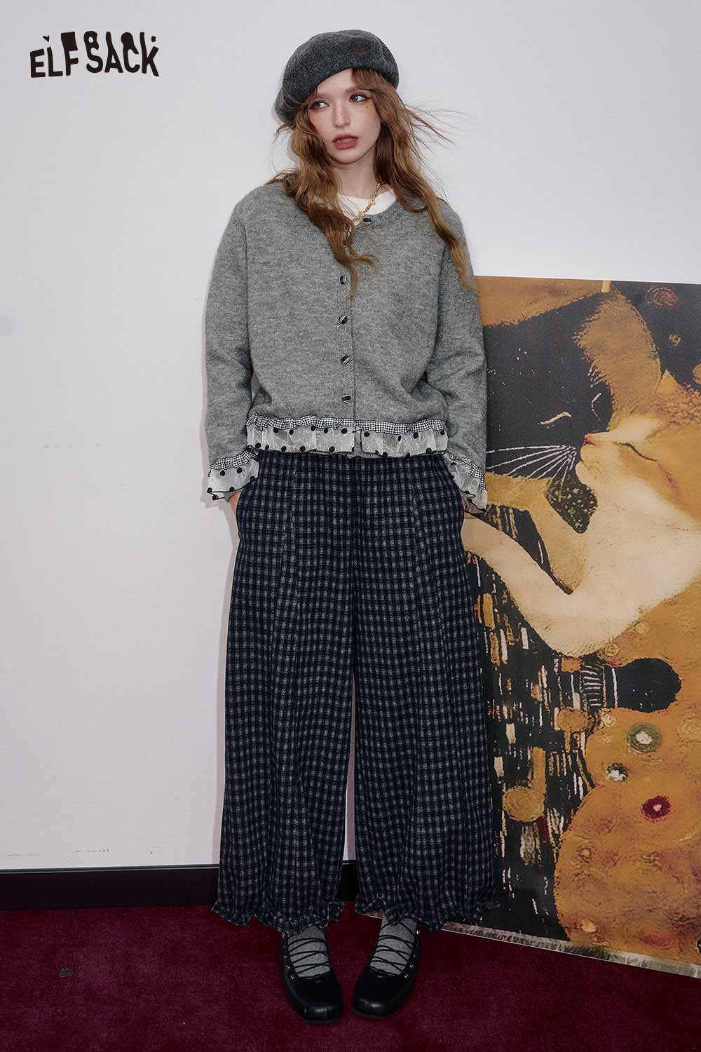 ELFSACK cashmere blend cropped cardigan in gray, styled with flowy black pants and a stylish beret