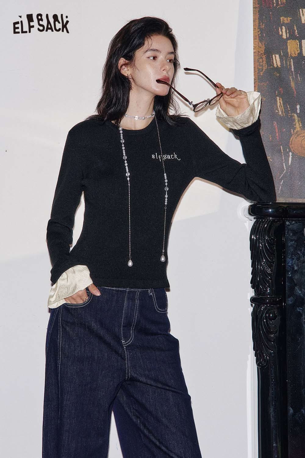 ELFSACK cashmere blend slim fit knit top in black with stylish ruffled cuffs and a modern fit