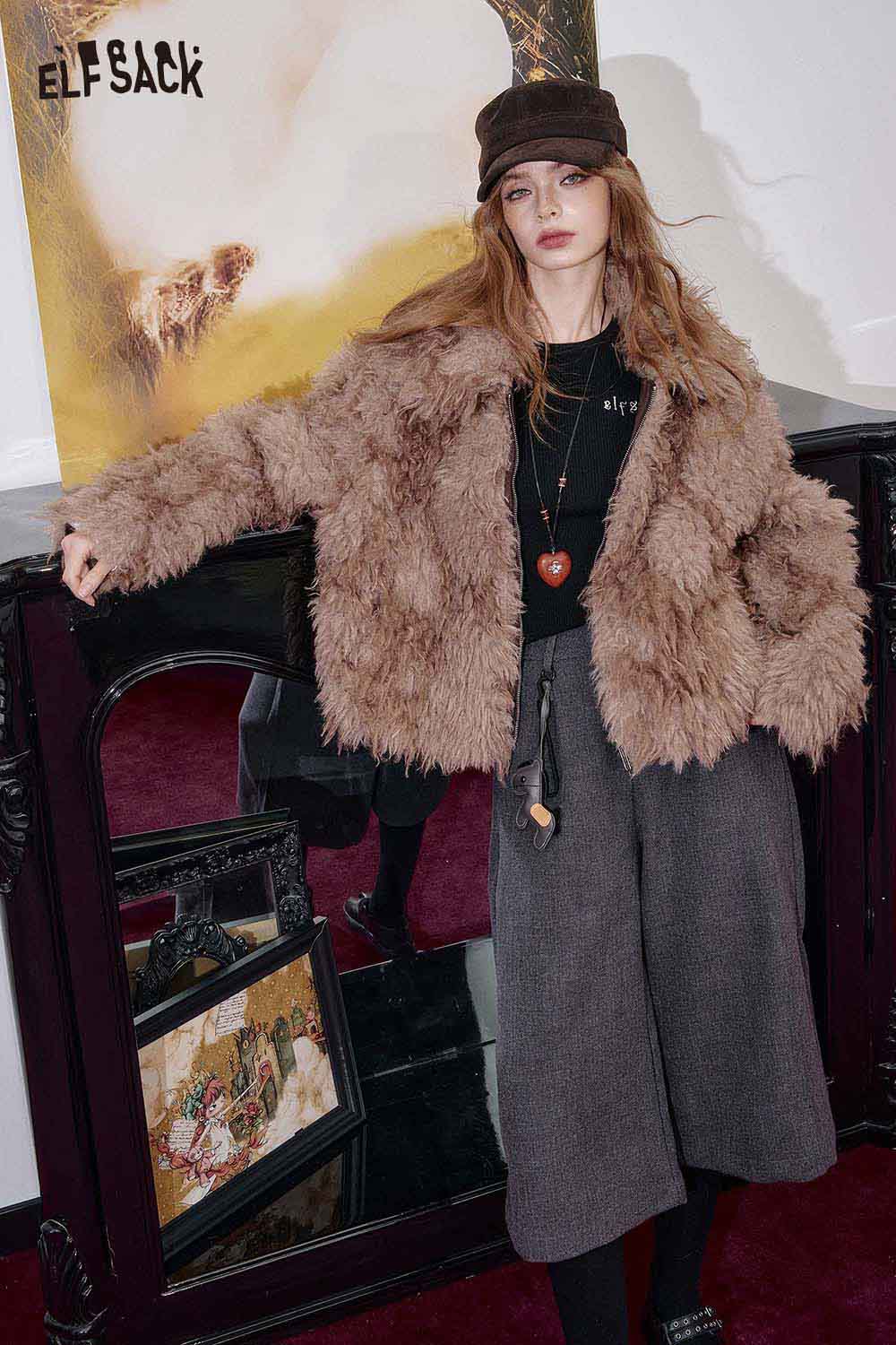ELFSACK cashmere blend slim fit knit top styled with a fuzzy brown coat for a chic winter look