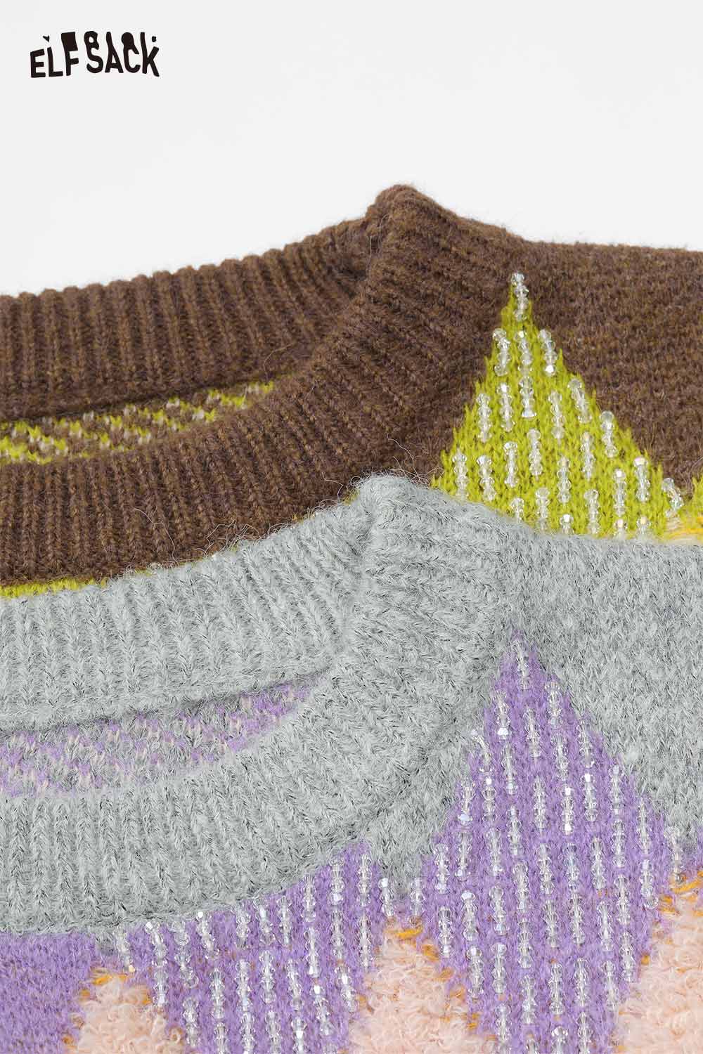 ELFSACK casual diamond pattern cropped sweater featuring vibrant colors and a textured design