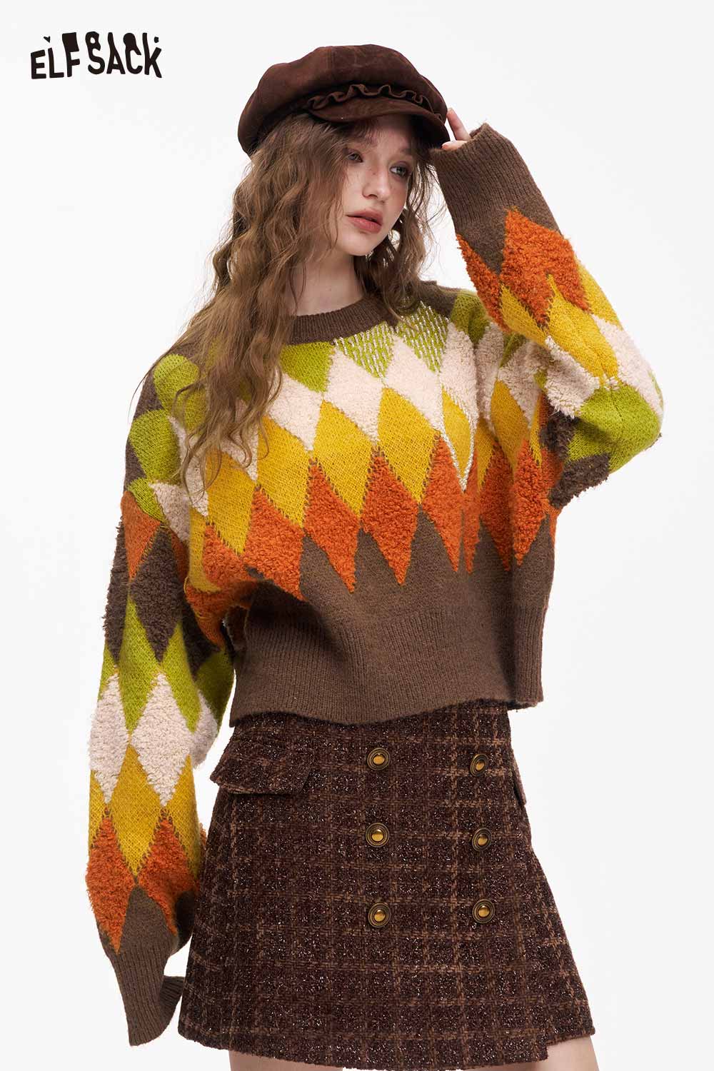 ELFSACK casual diamond pattern cropped sweater in vibrant colors for a trendy look
