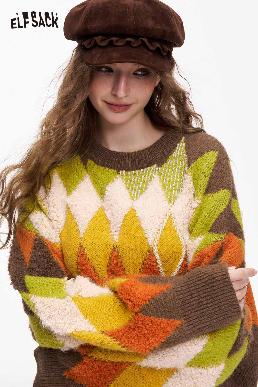 ELFSACK casual diamond pattern cropped sweater with vibrant colors and a cozy fit for stylish layering