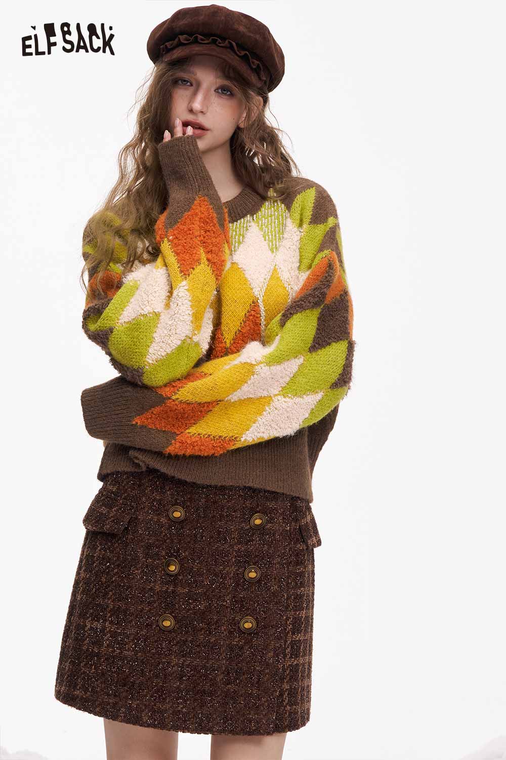 ELFSACK casual diamond pattern cropped sweater in vibrant colors, paired with a stylish skirt