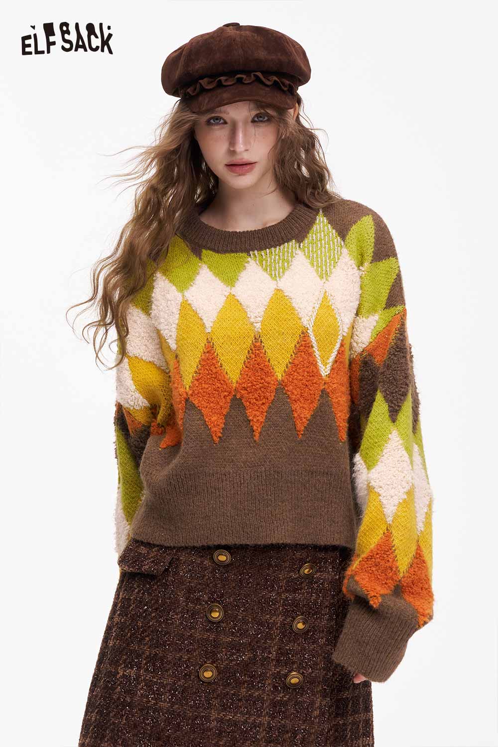 ELFSACK casual diamond pattern cropped sweater in vibrant colors with a relaxed fit