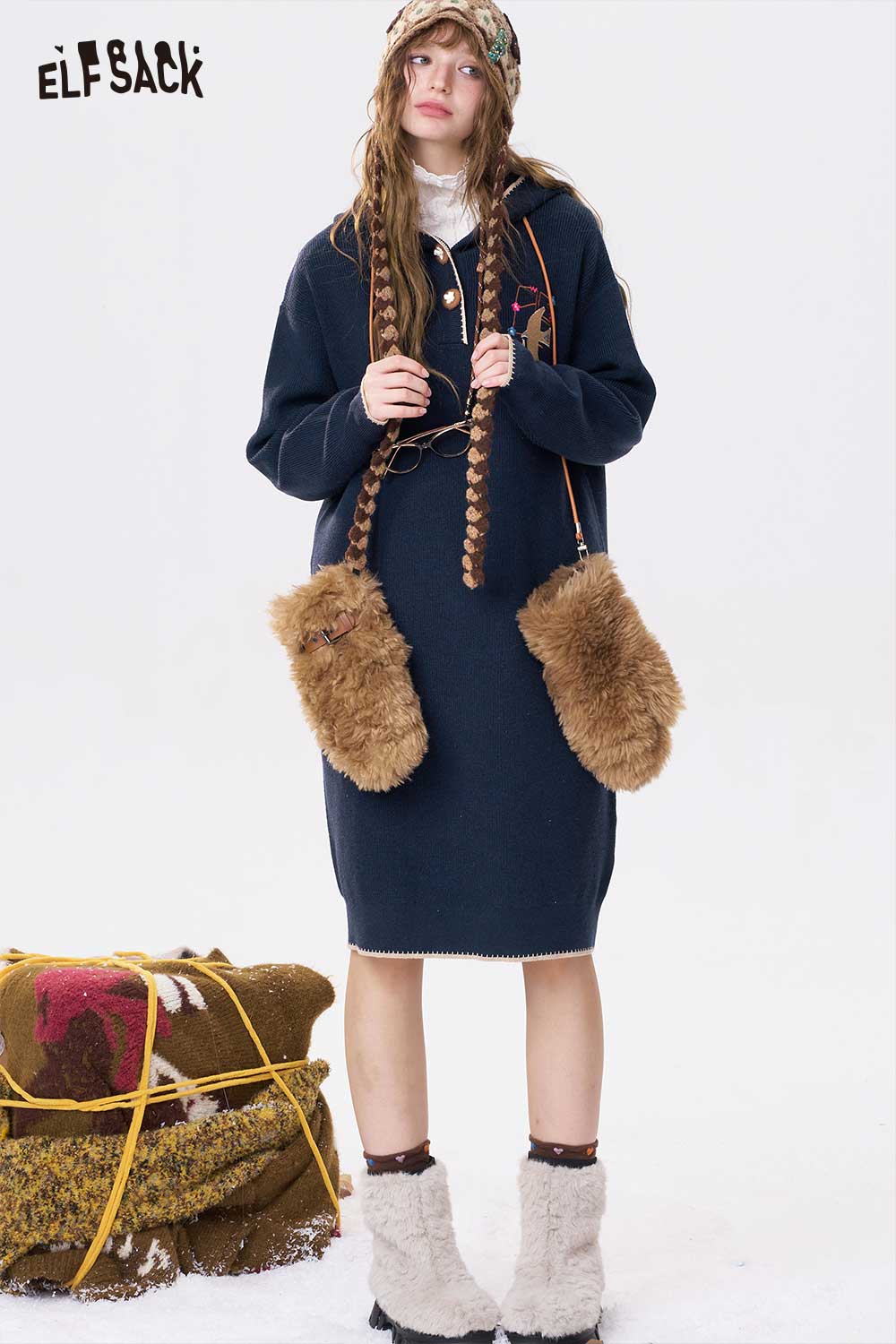 ELFSACK casual embroidered hooded long dress with playful design and fluffy accessories for stylish comfort