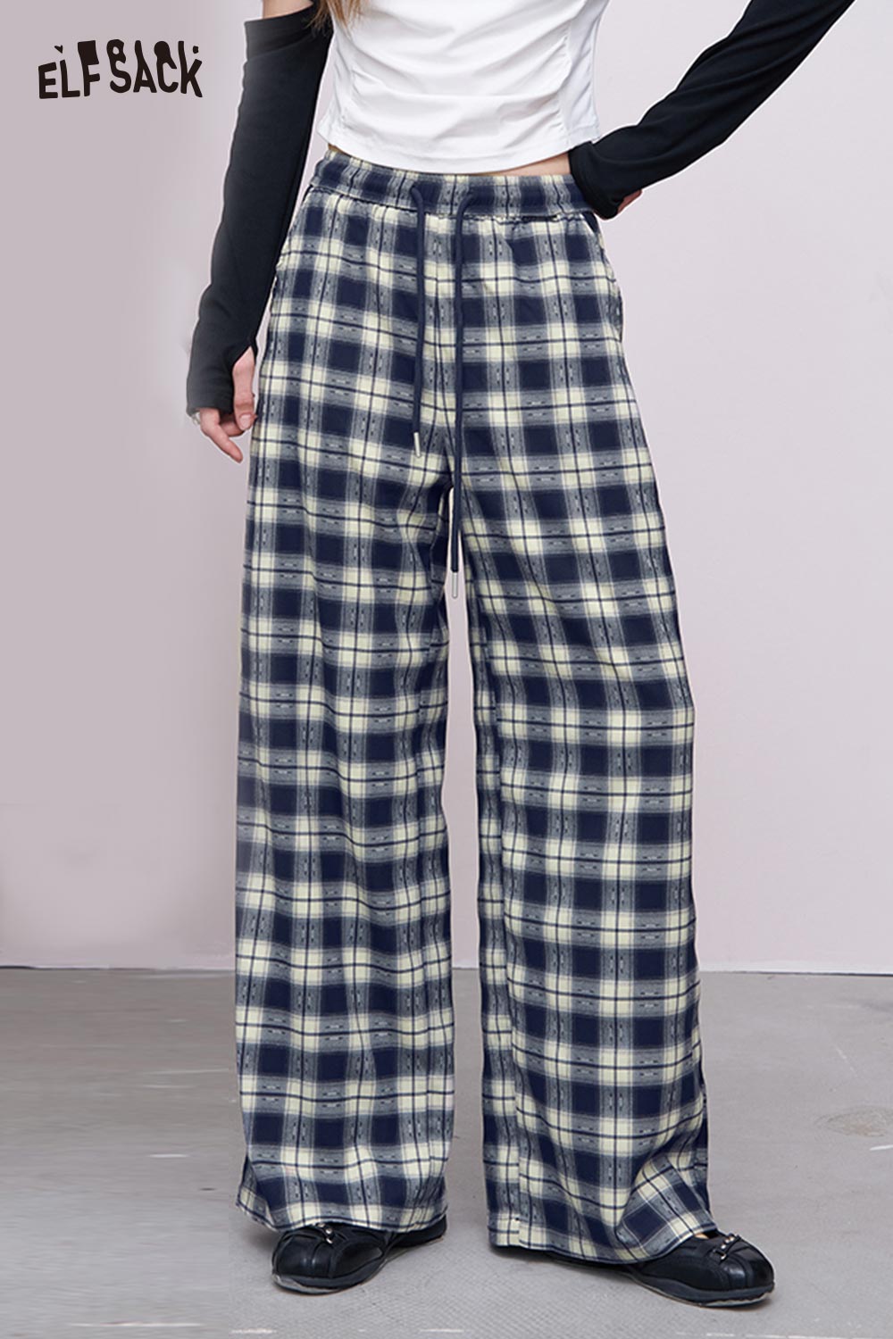 ELFSACK women's plaid wide leg pants in navy and cream high waist relaxed fit full length