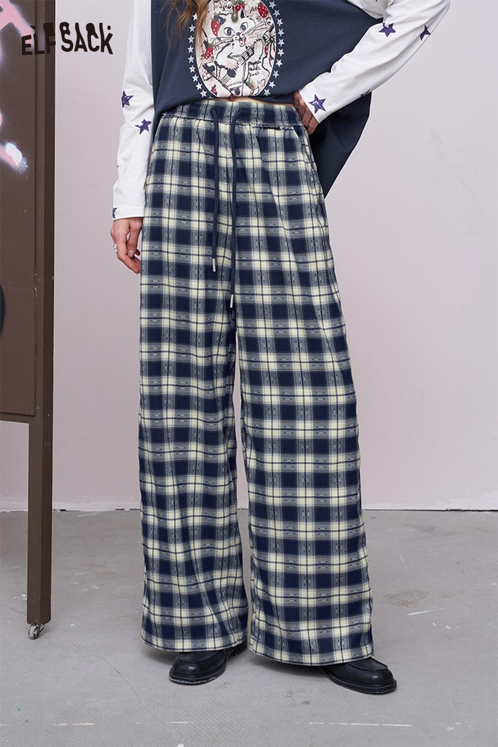 ELFSACK women's plaid wide leg pants navy and cream high waist elastic drawstring casual