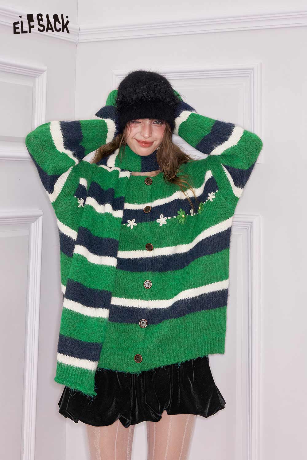 ELFSACK casual striped knit cardigan for women with button closure and floral embroidery details