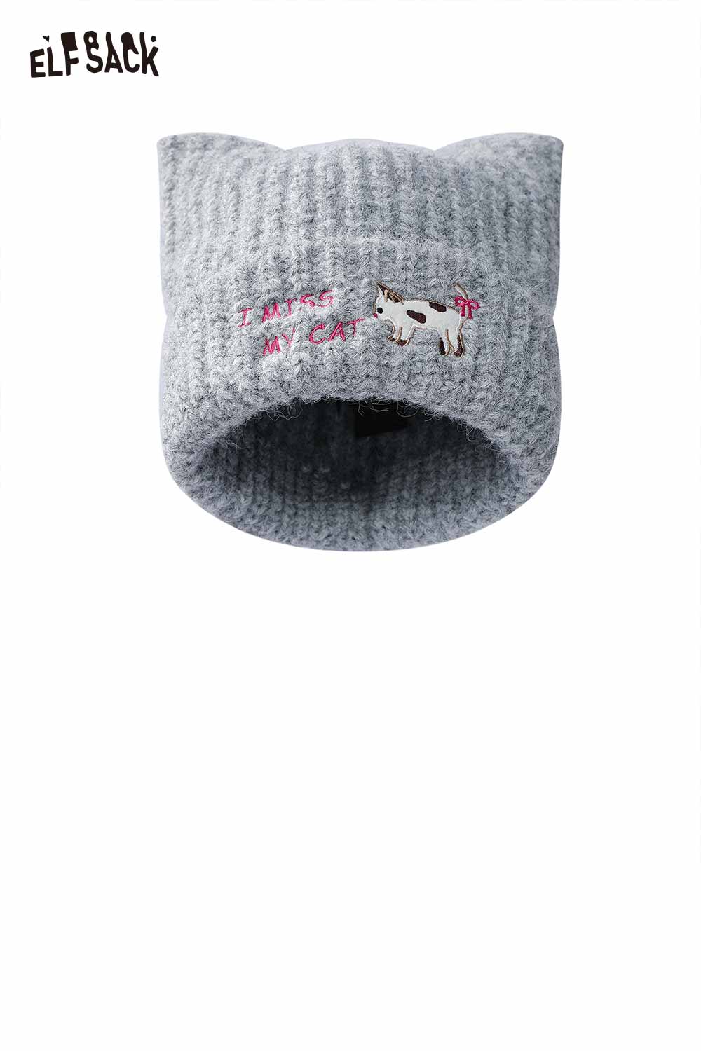 Gray cat ear beanie for women with cute cat design and embroidered text by ELFSACK