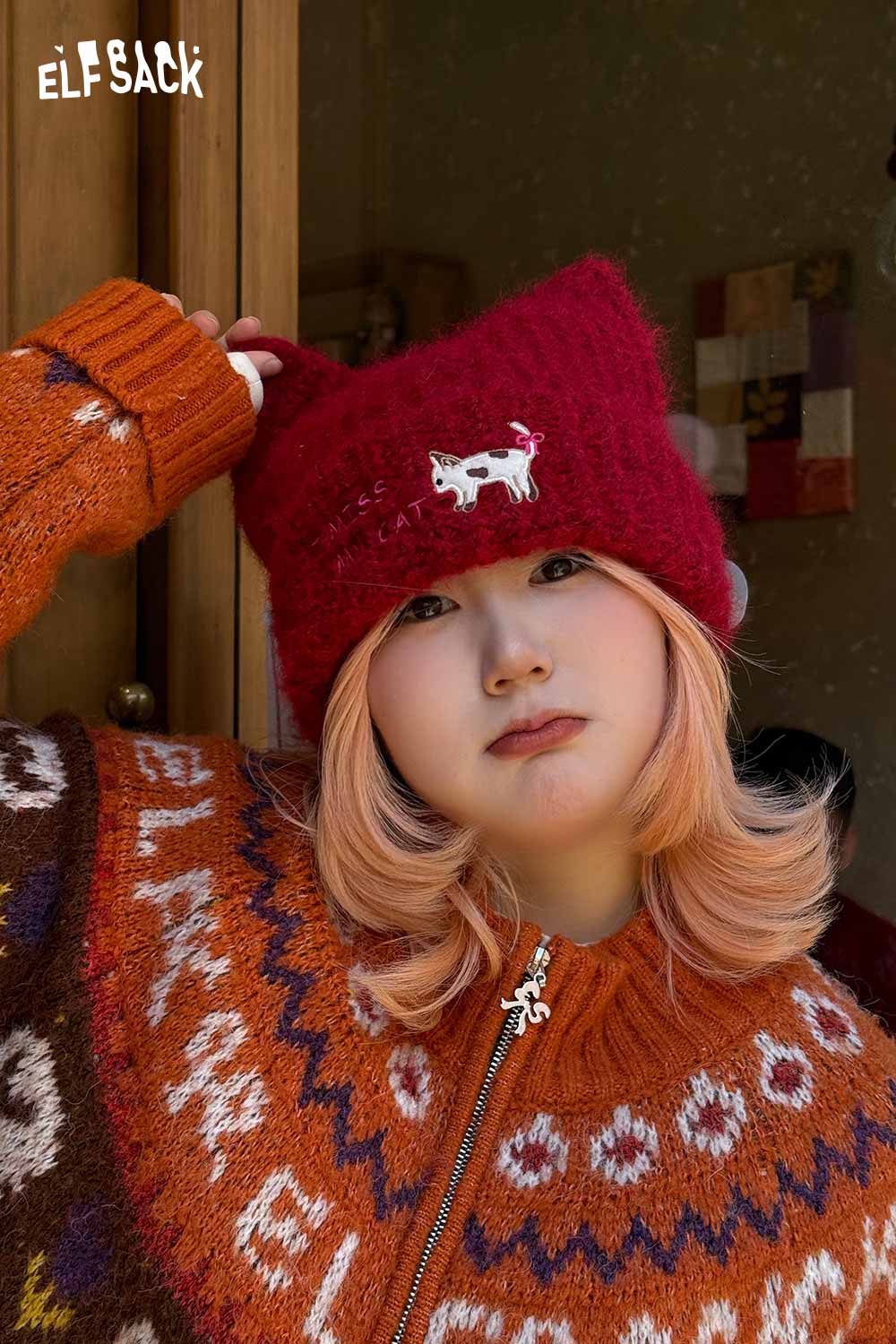 ELFSACK Cat Ear Beanie for Women in Red with Cute Cat Design and Soft Knit Material