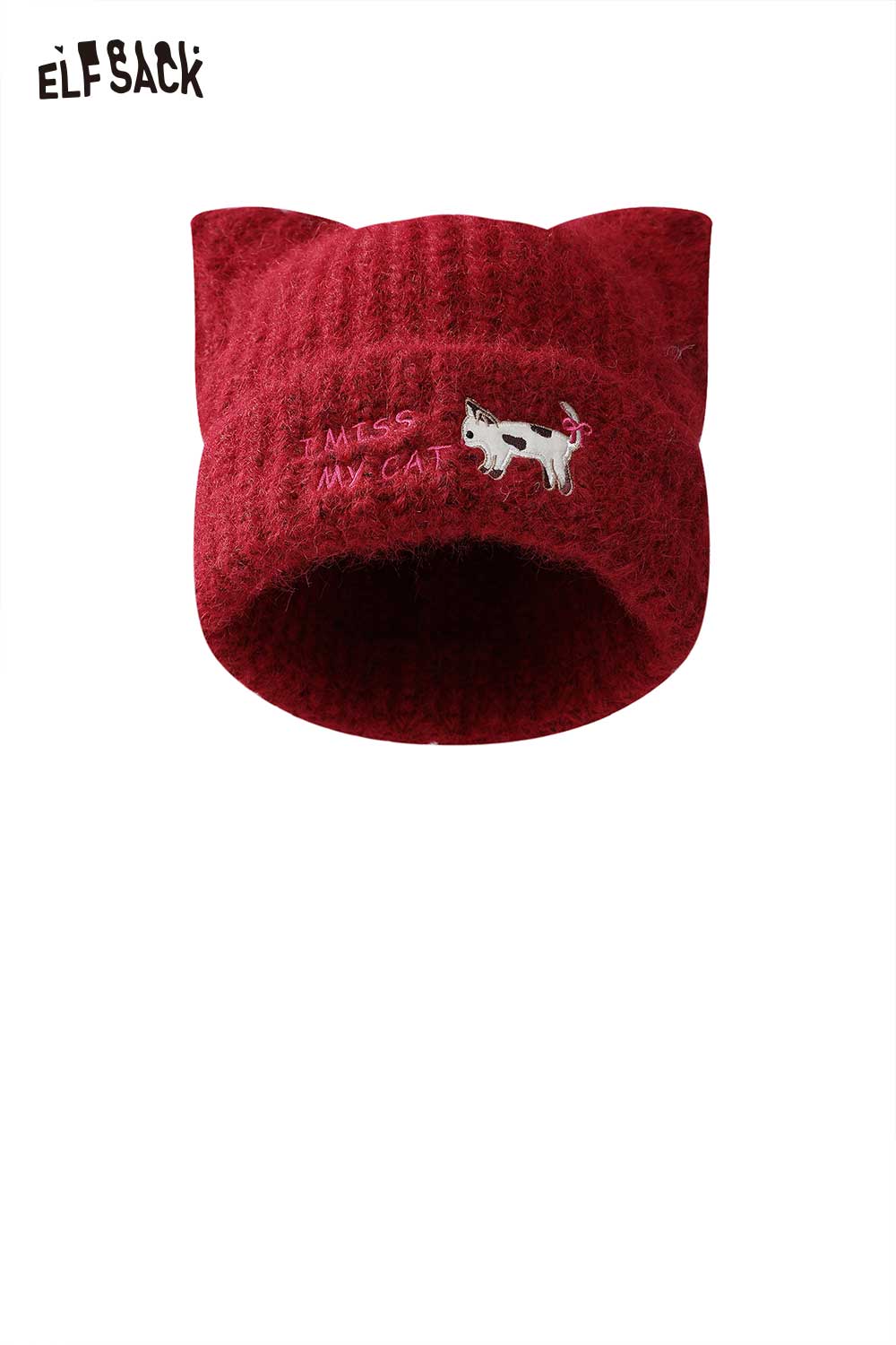 Red knit cat ear beanie for women featuring a cute embroidered design and cozy fit