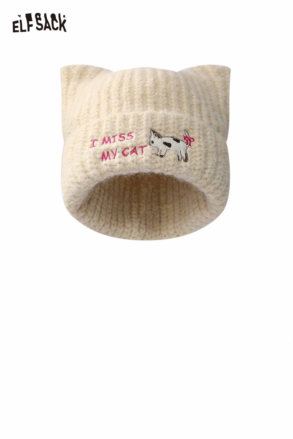 ELFSACK Cat Ear Beanie for Women in Cream with Cute Cat Graphic and I Miss My Cat Text