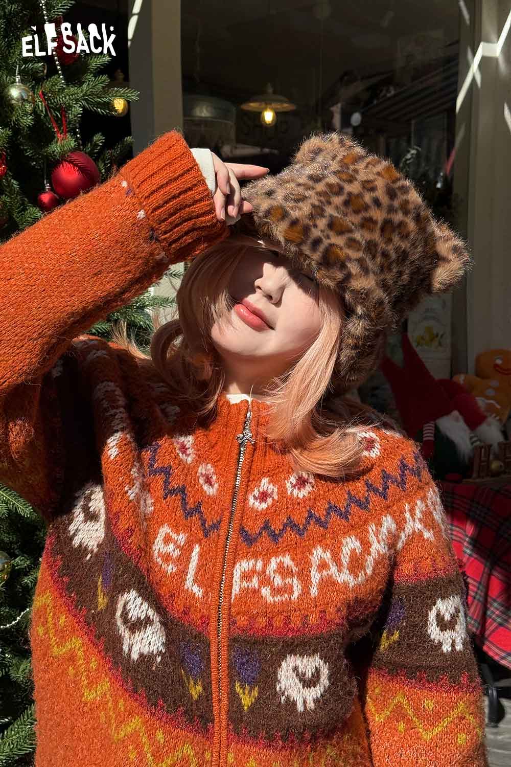 ELFSACK cat ear leopard plush hat in stylish design, perfect for cozy winter outfits