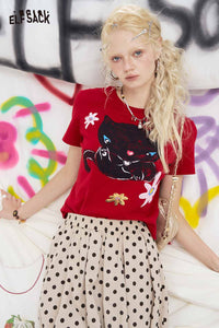ELFSACK Cat Floral Graphic Crop Short Sleeve Tee