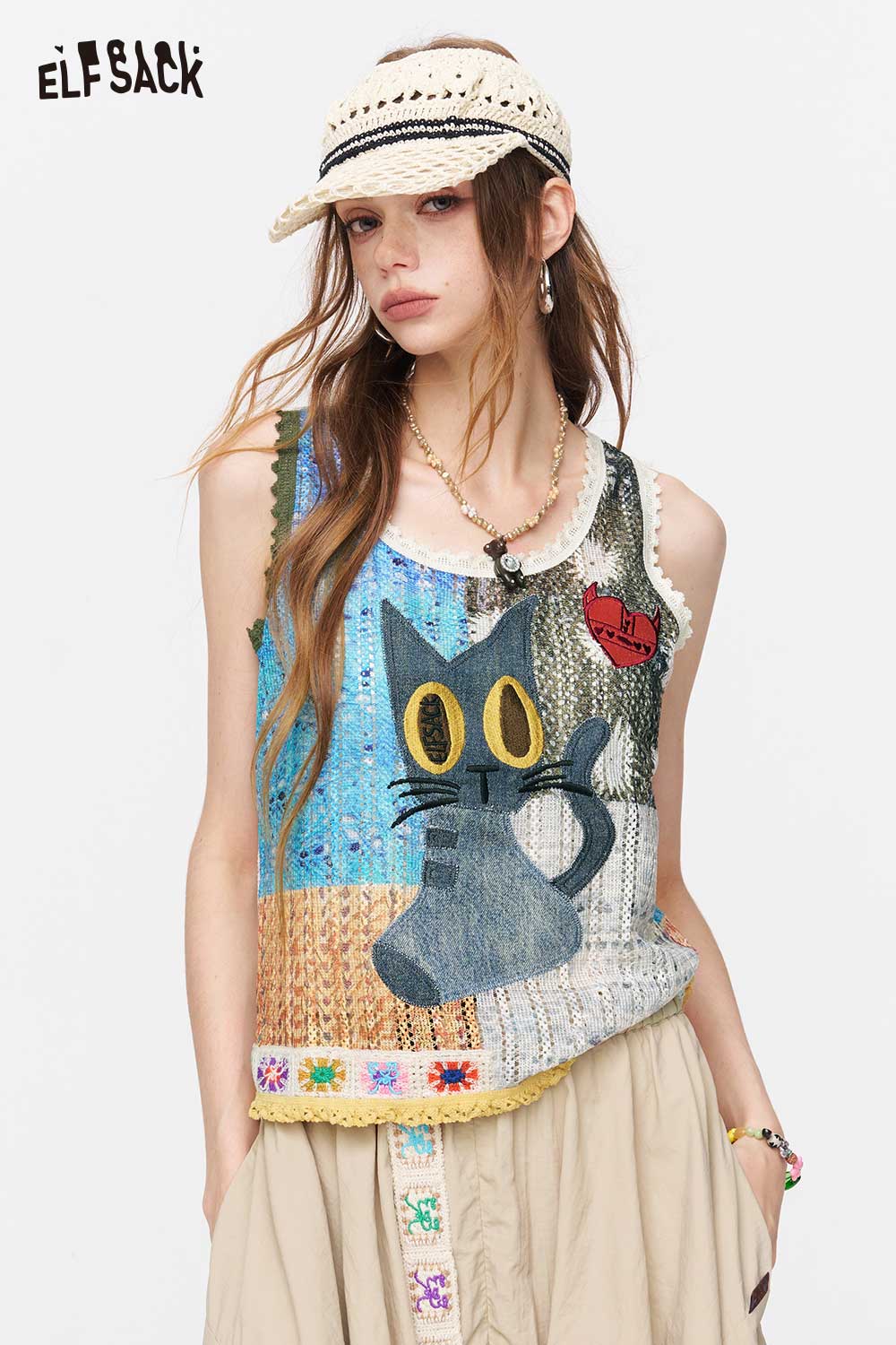 ELFSACK Cat Patchwork Knit Tank Top