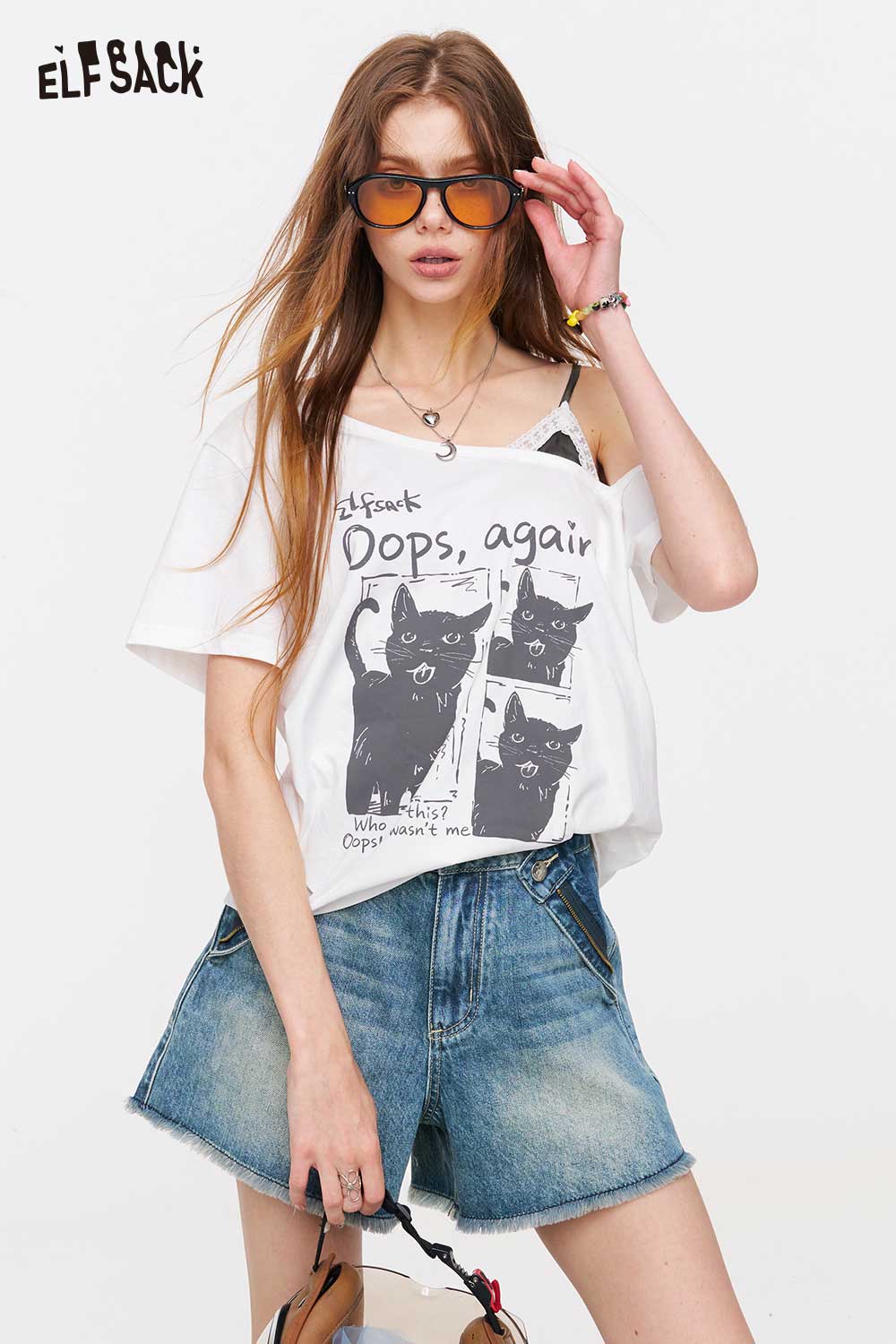 ELFSACK Cat Print Asymmetric Layered T-Shirt