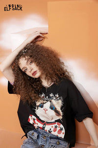 ELFSACK ブラック キャットクルーネック ゆったりTシャツ