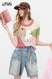 ELFSACK Cat Print Patchwork Knit Top