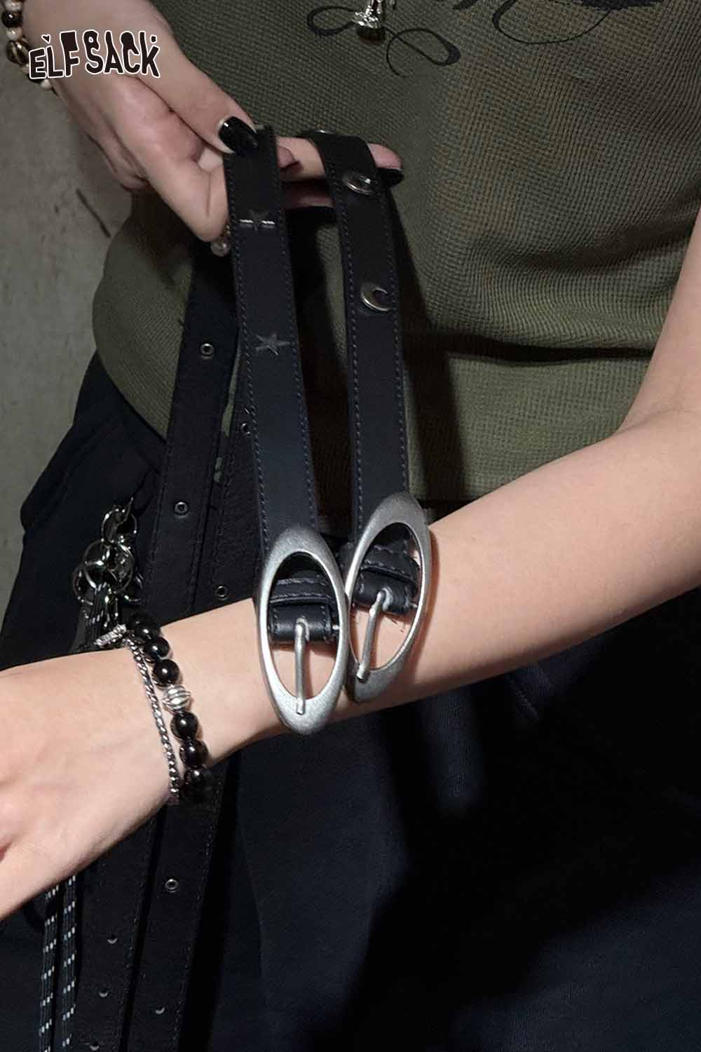 Stylish ELFSACK celestial cutout belt for women in black with unique silver buckle detail
