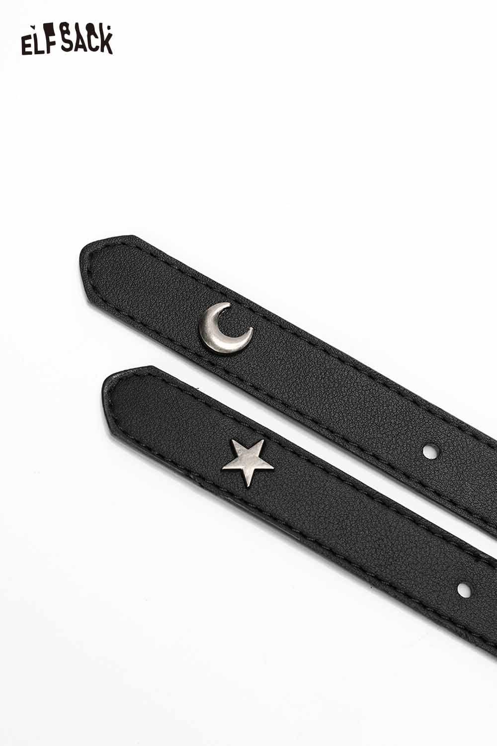 ELFSACK celestial cutout belt for women featuring a crescent moon and star design in black leather