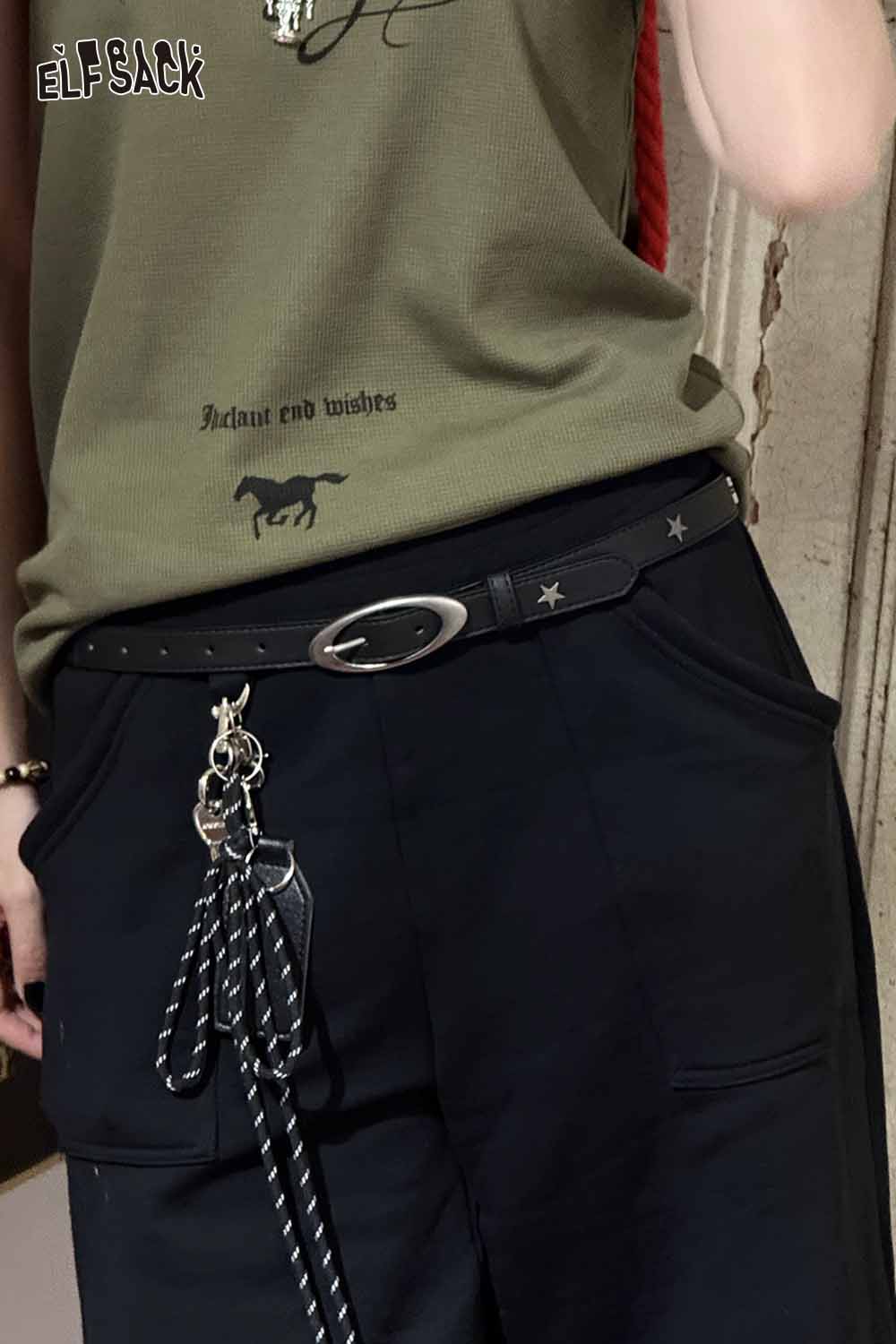 ELFSACK celestial cutout belt for women featuring star designs and a sleek silver buckle