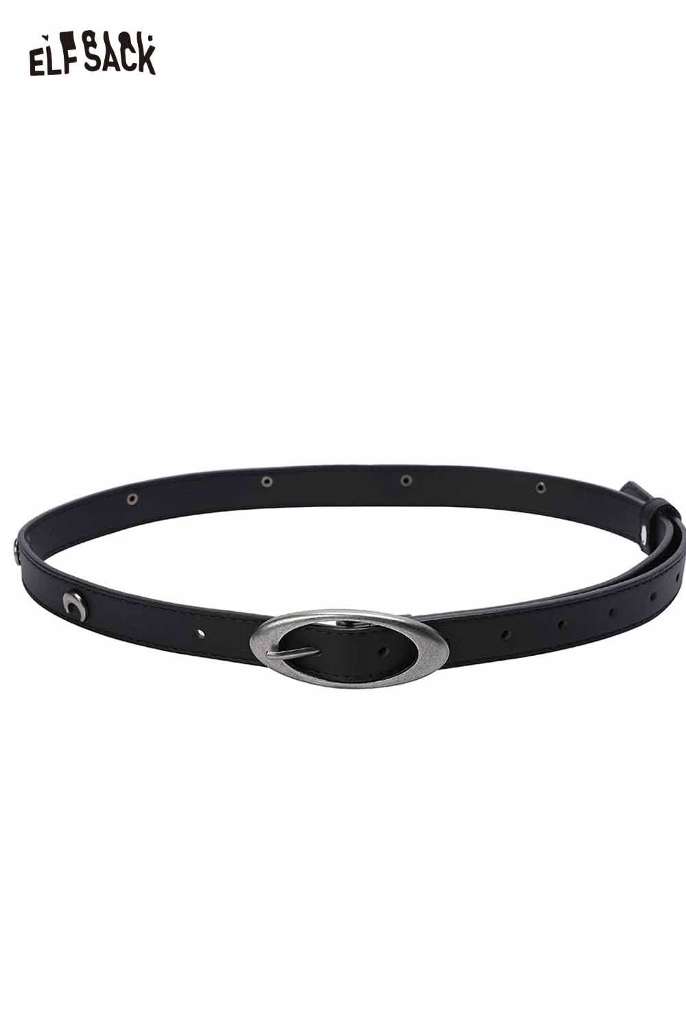 ELFSACK celestial cutout belt for women in black leather with a sleek silver buckle
