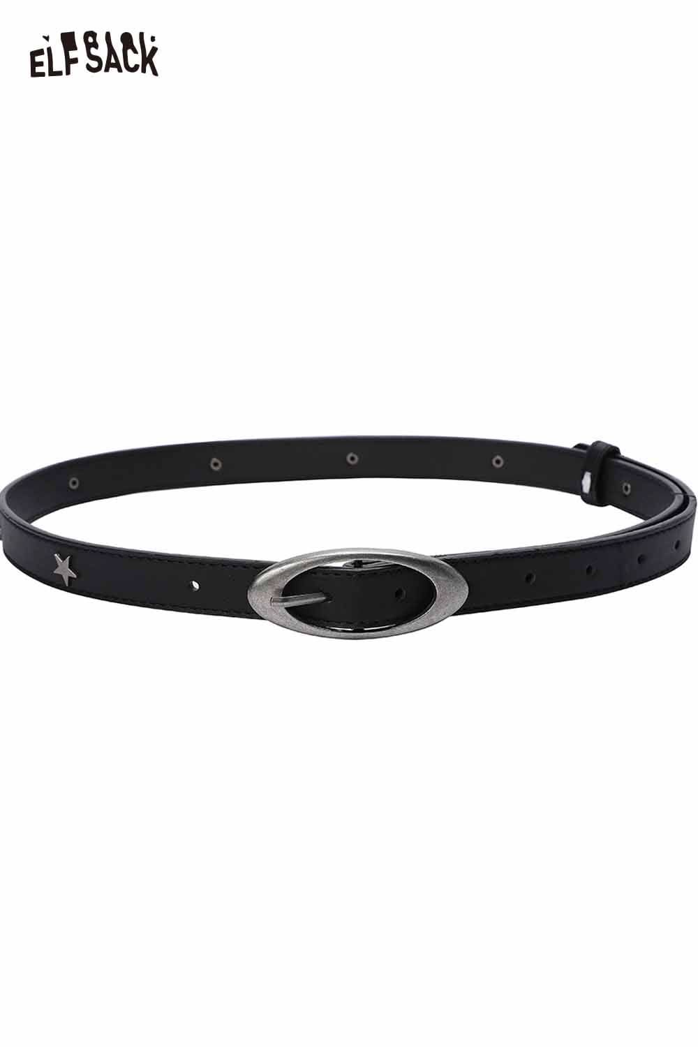 ELFSACK celestial cutout belt for women in black with a silver oval buckle and star details