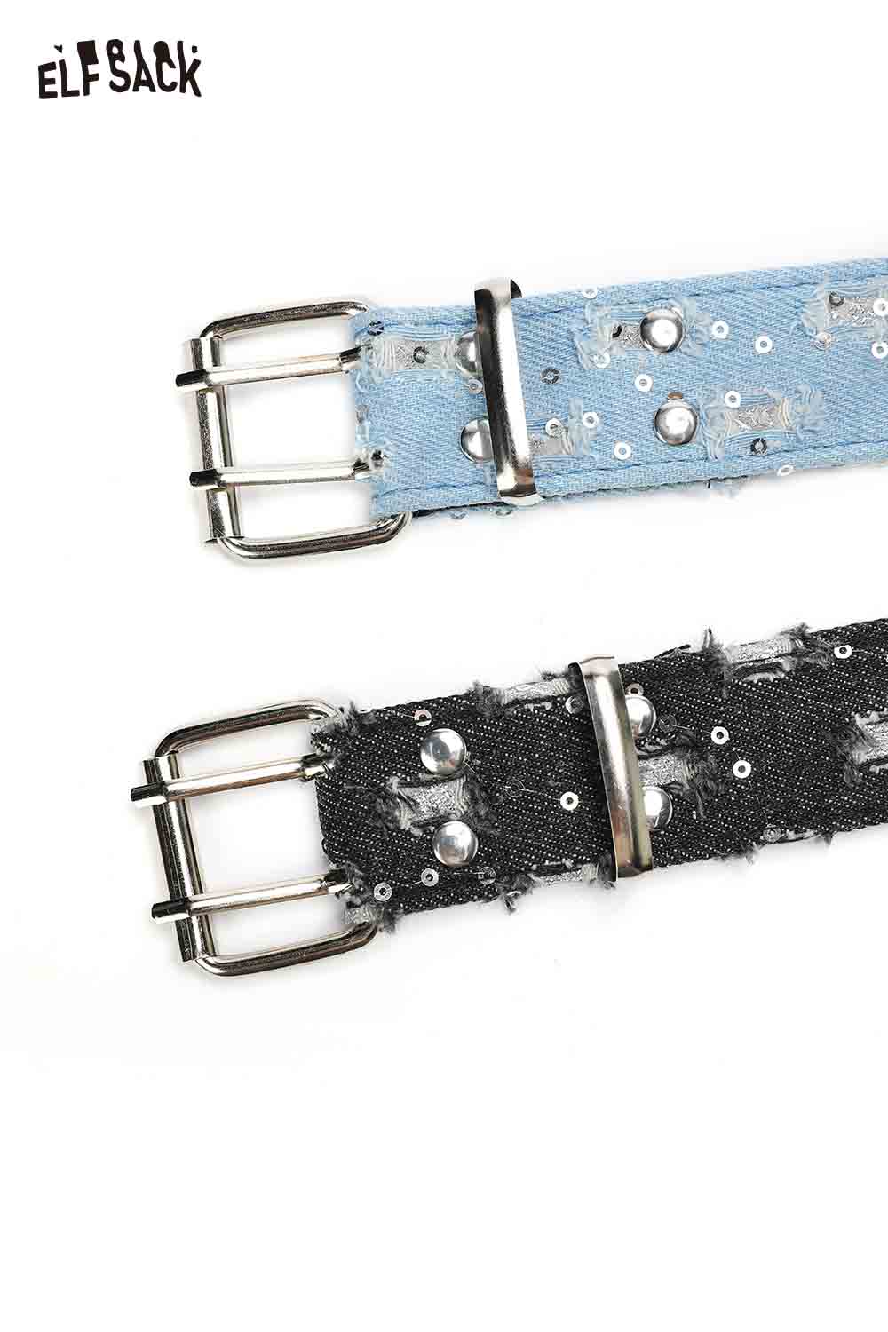 ELFSACK celestial motif leather belt for women in blue and black with shiny embellishments