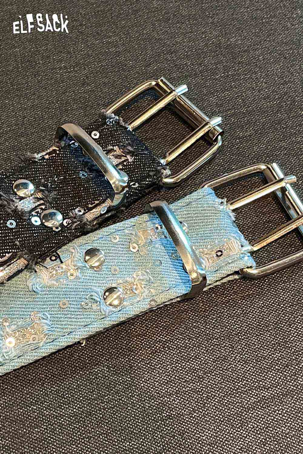 ELFSACK celestial motif leather belt for women in black and blue with shimmering details