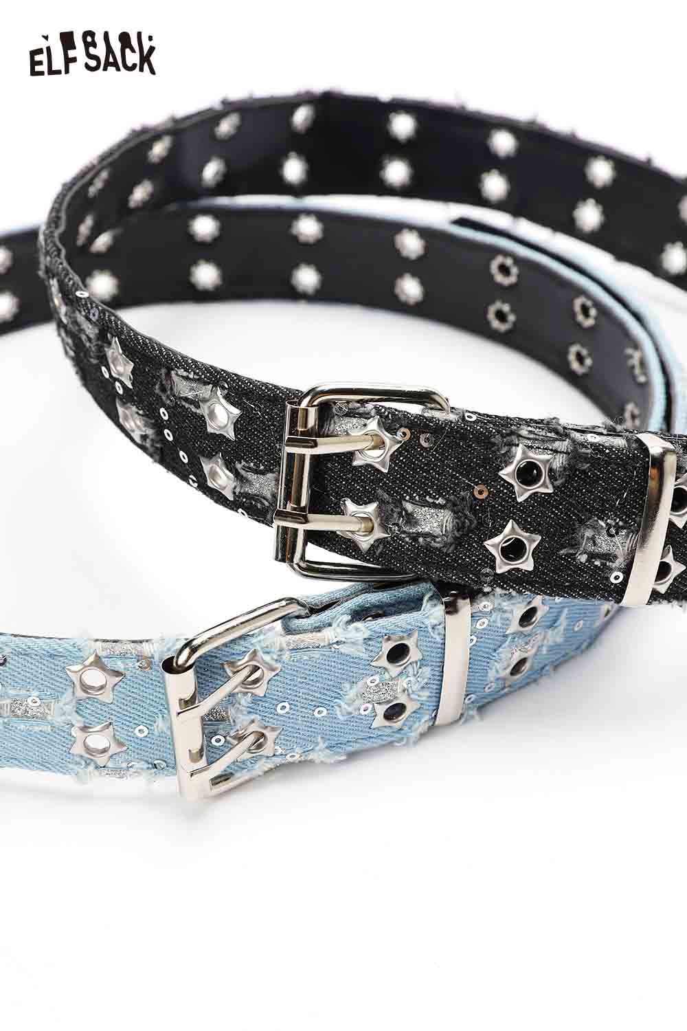 Celestial motif leather belt for women featuring black and blue designs with star embellishments