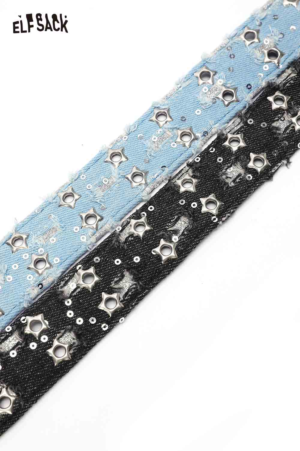 ELFSACK celestial motif leather belt for women in blue and black with star embellishments