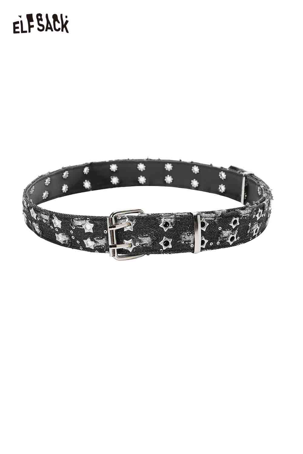 ELFSACK celestial motif leather belt for women featuring a star and flower design on a black background