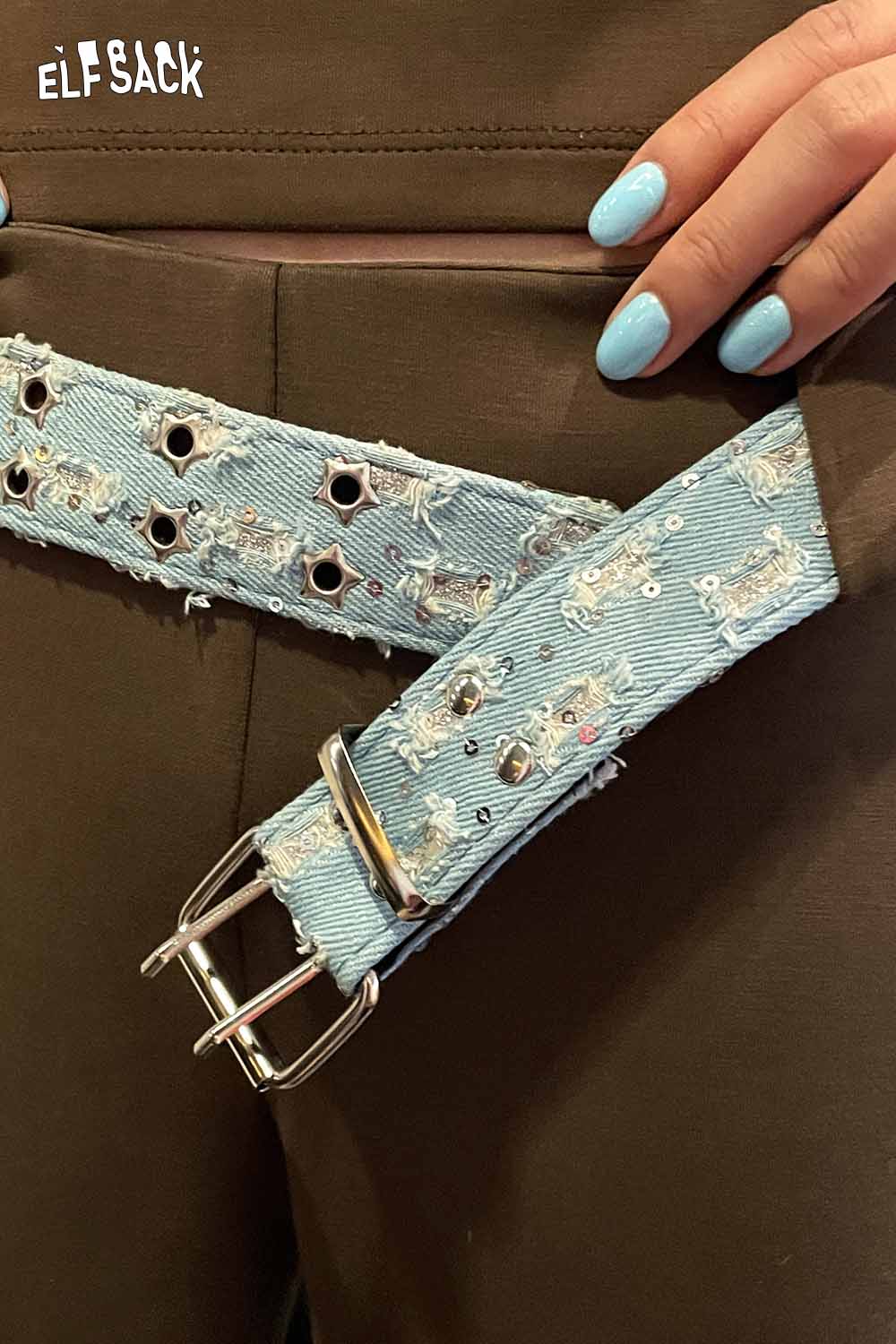 ELFSACK celestial motif leather belt for women featuring decorative studs and a unique design