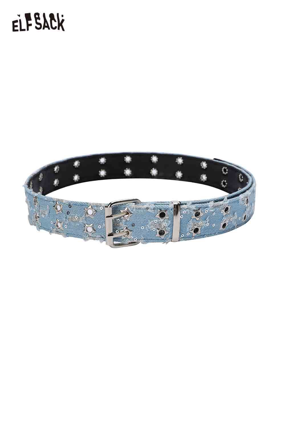 ELFSACK celestial motif leather belt for women in light blue with star and moon embellishments