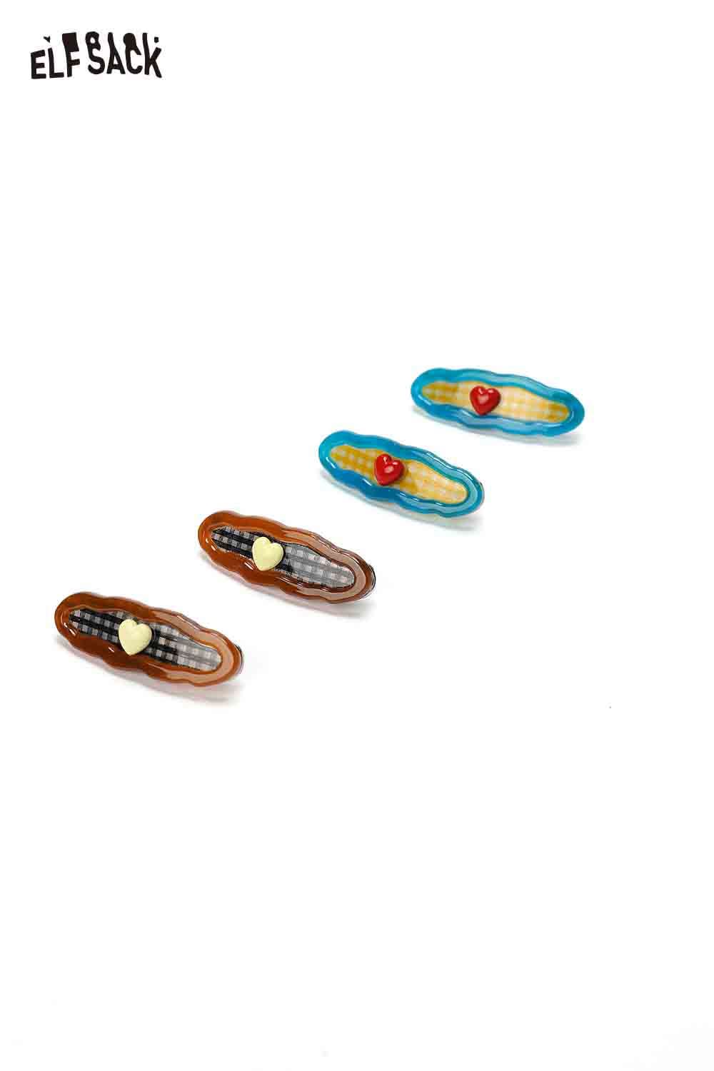 Set of ELFSACK checkered resin hair clips in various colors with heart accents