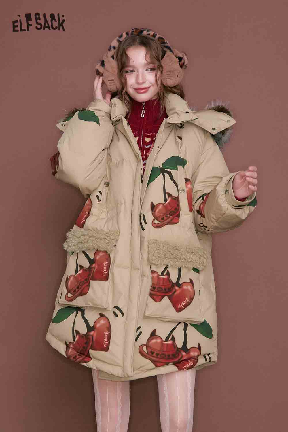 ELFSACK cherry graphic puffer coat featuring fun cherry prints and cozy fur trims for stylish warmth