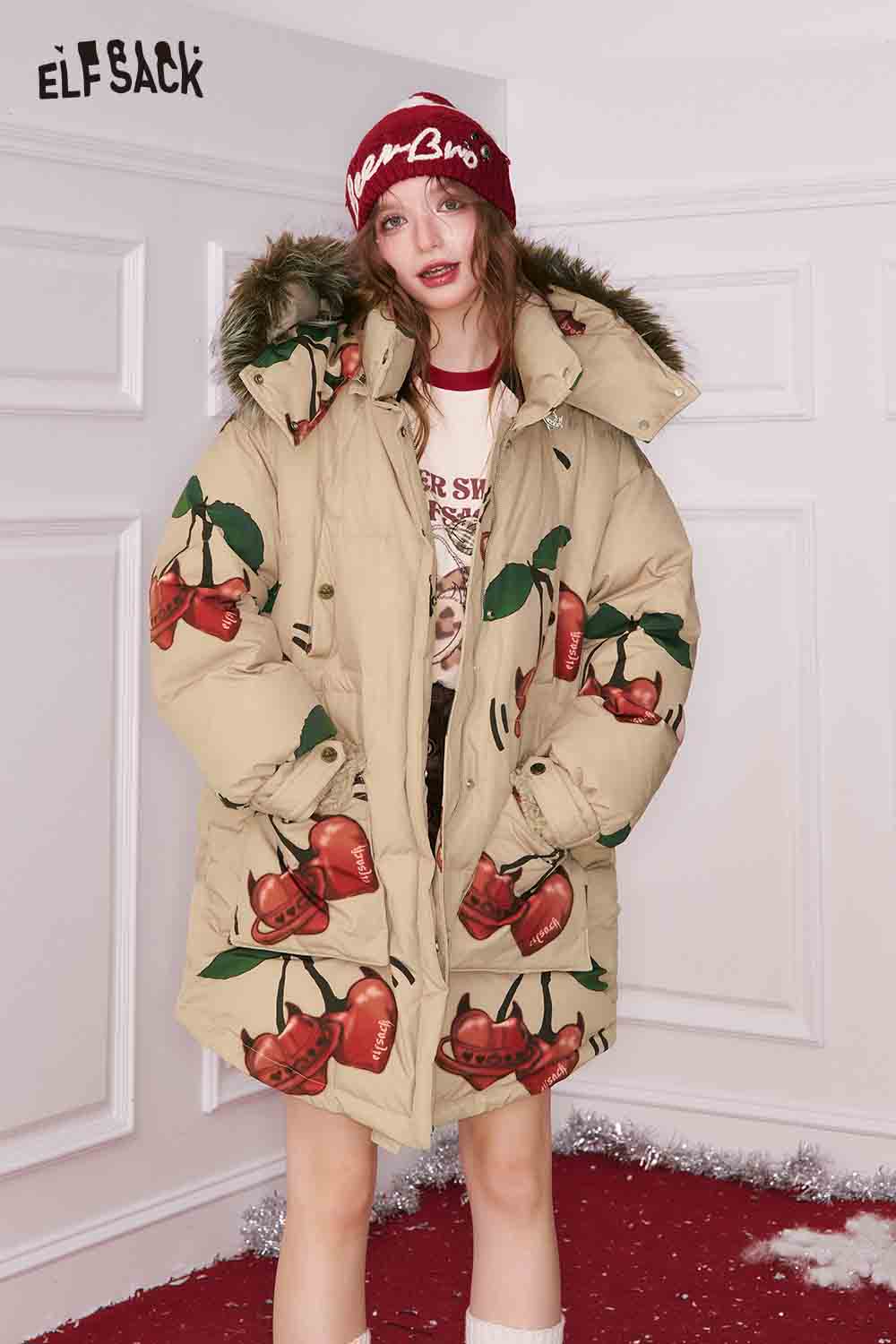 ELFSACK cherry graphic puffer coat featuring a stylish cherry print and cozy hood for winter warmth