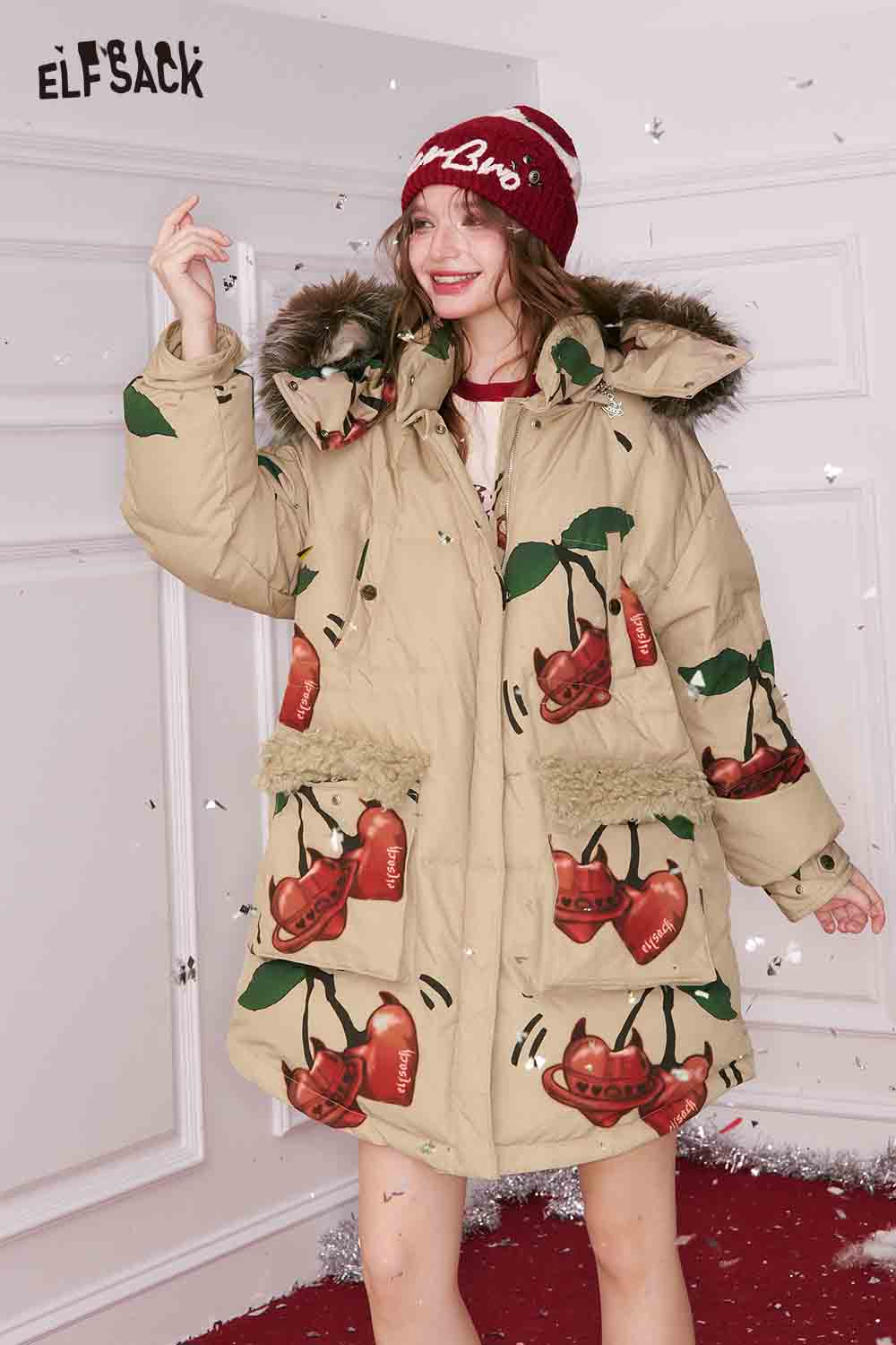 ELFSACK cherry graphic puffer coat with fun cherry print and fur-lined hood for stylish warmth