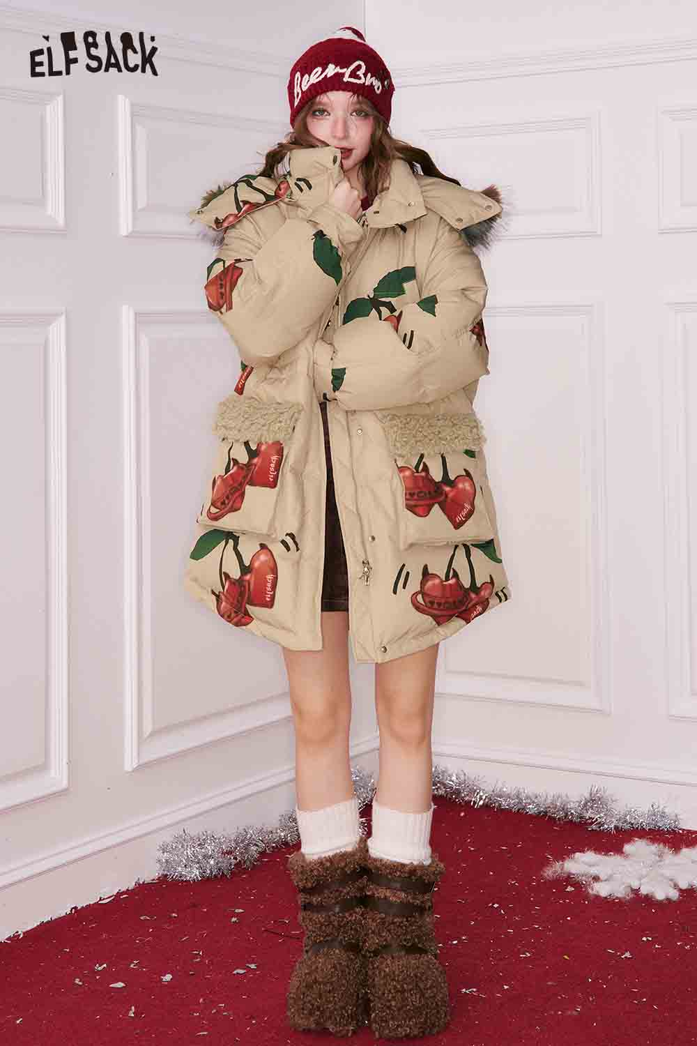 ELFSACK cherry graphic puffer coat with cherry prints and fur-lined hood for winter warmth