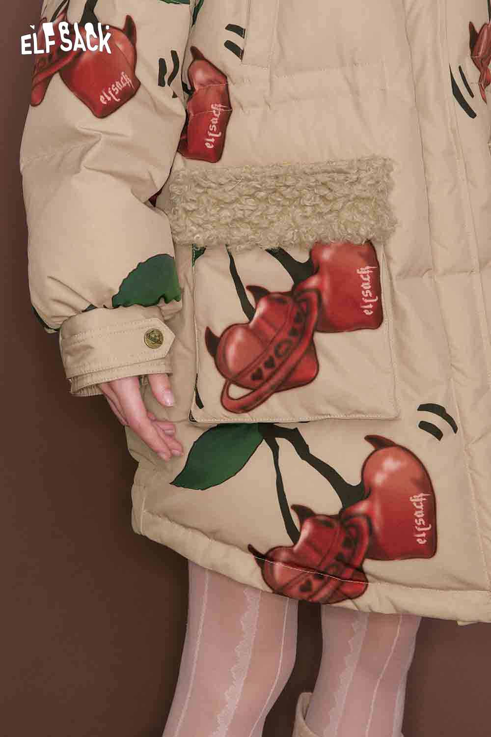 ELFSACK cherry graphic puffer coat featuring a playful apple design with cozy pockets