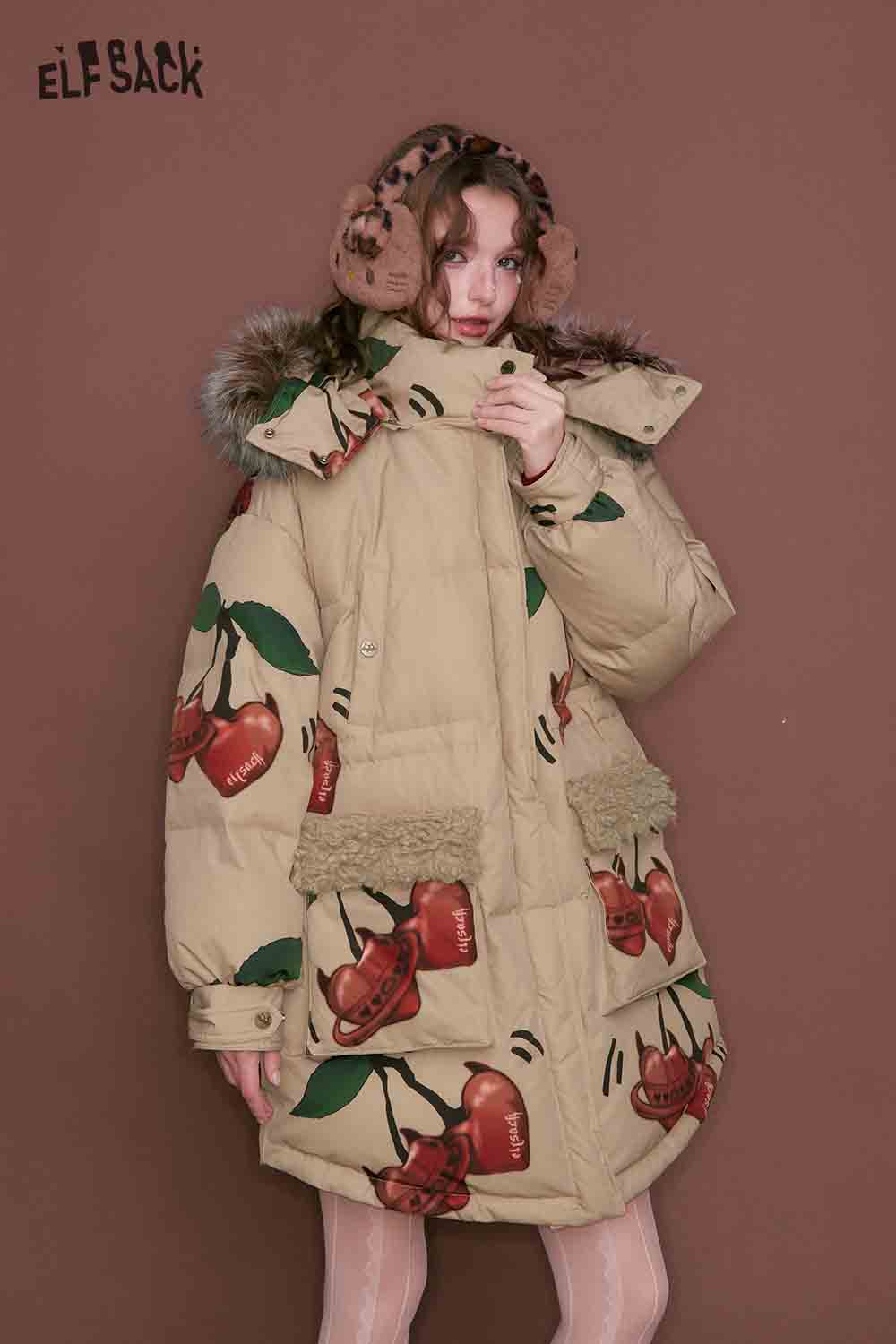 ELFSACK cherry graphic puffer coat with a plush hood and cherry print design for stylish warmth