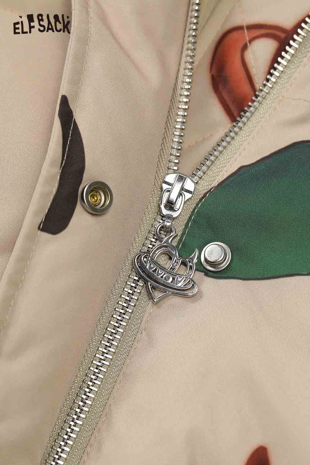 Close-up of ELFSACK cherry graphic puffer coat featuring a stylish zipper and unique design elements