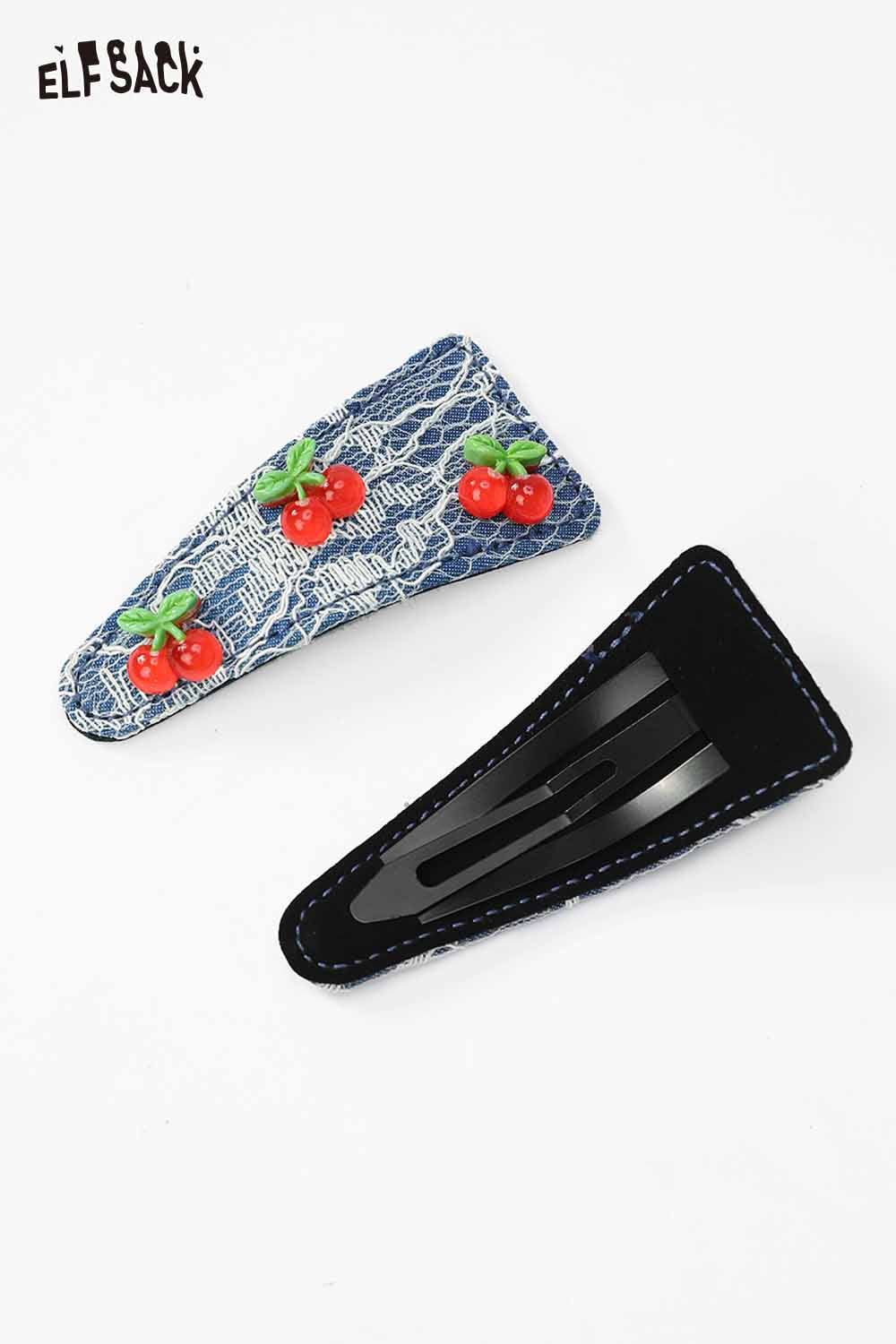 ELFSACK cherry motif hair clip featuring a denim design with vibrant cherry embellishments