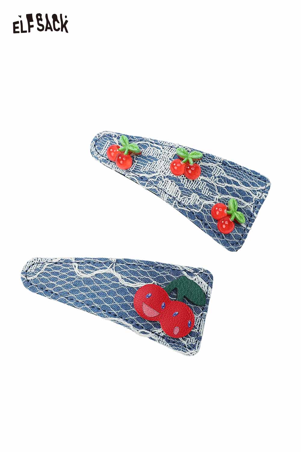 ELFSACK cherry motif hair clip featuring bright cherries on a textured blue background