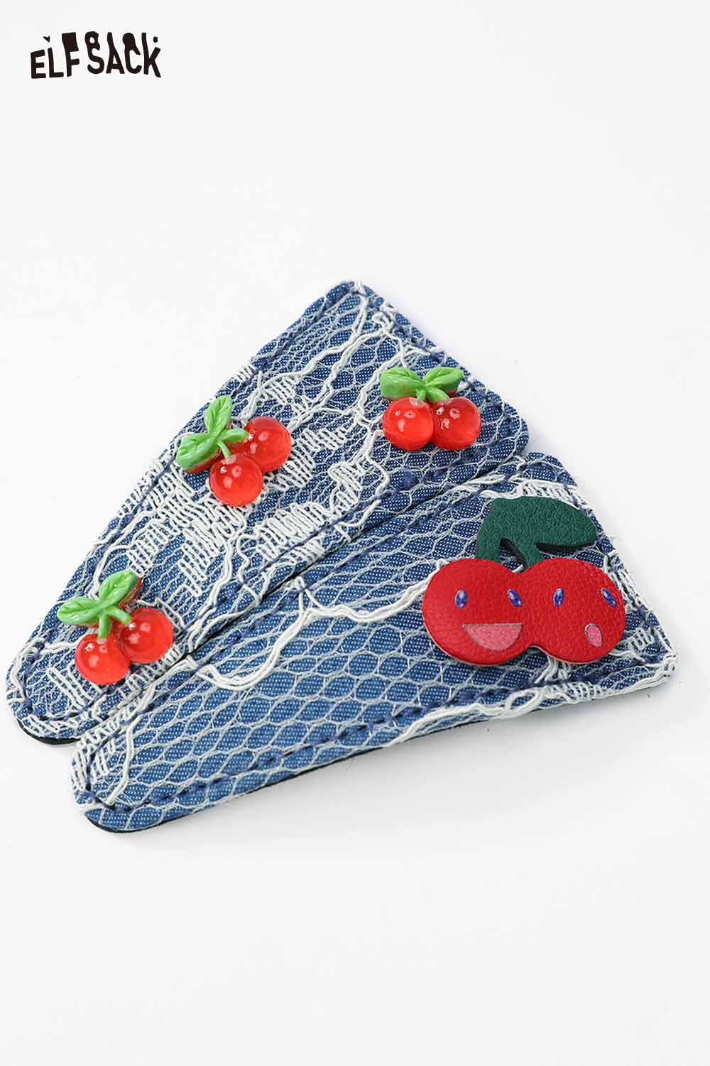 ELFSACK cherry motif hair clip set featuring vibrant cherry designs on a denim background