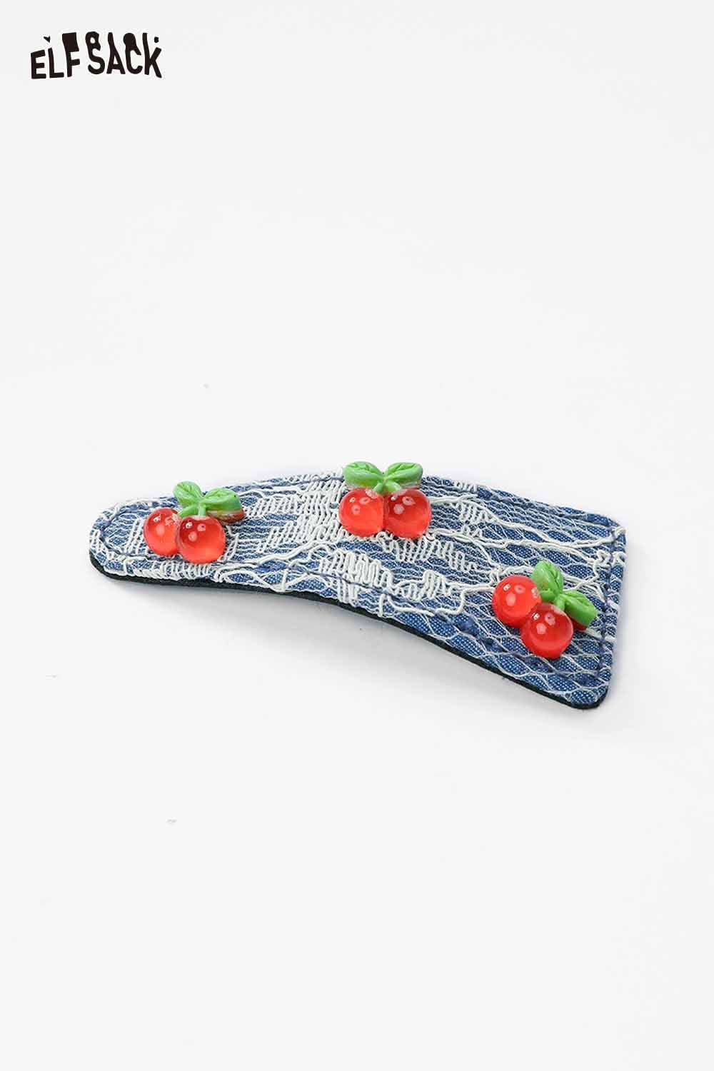 ELFSACK cherry motif hair clip featuring a denim base with red cherry embellishments for a trendy look