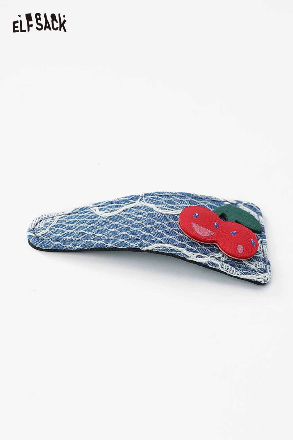 ELFSACK cherry motif hair clip featuring a unique denim design with a playful cherry embellishment